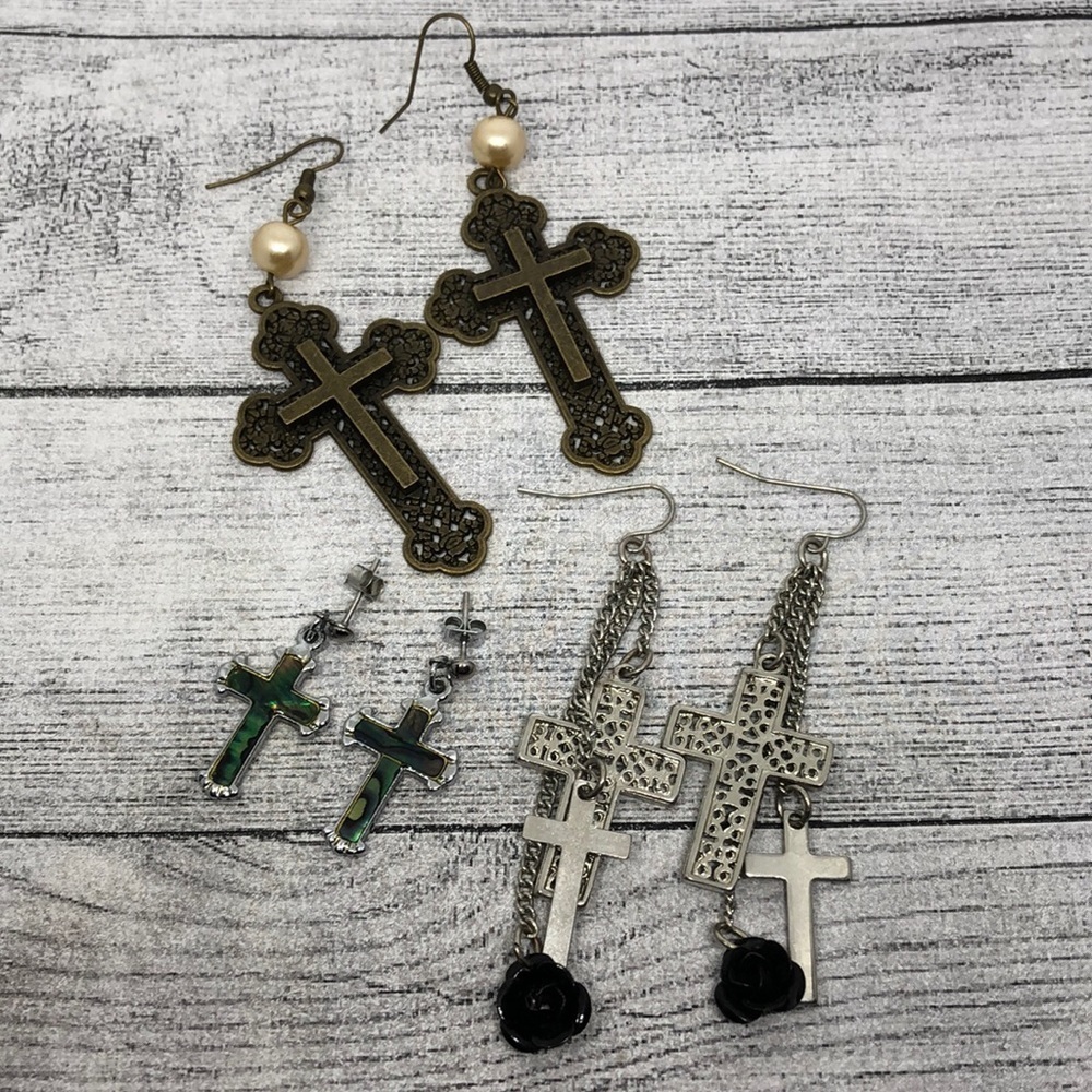 Bundle lot 3 cross statement earrings dangle drop casual dressy festival goth.